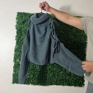 Cropped Navy Cowl Neck Sweater - Lace Up Style Open Shoulder